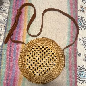 J. Crew Woven Tan Straw Rattan Crossbody Bag Adjustable Strap